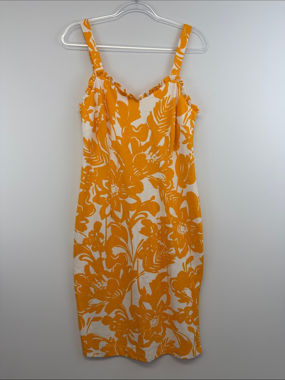NWT Trina Turk Zile Floral Ruffle Sheath Dress Marigold Orange White 8